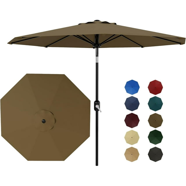 Parasol de Patio 9 Pi - Parasol de Table Extérieur à 8 Nervures Robustes avec Manivelle et Inclinaison à Bouton-Poussoir - Parasol de Marché Brun Grisâtre