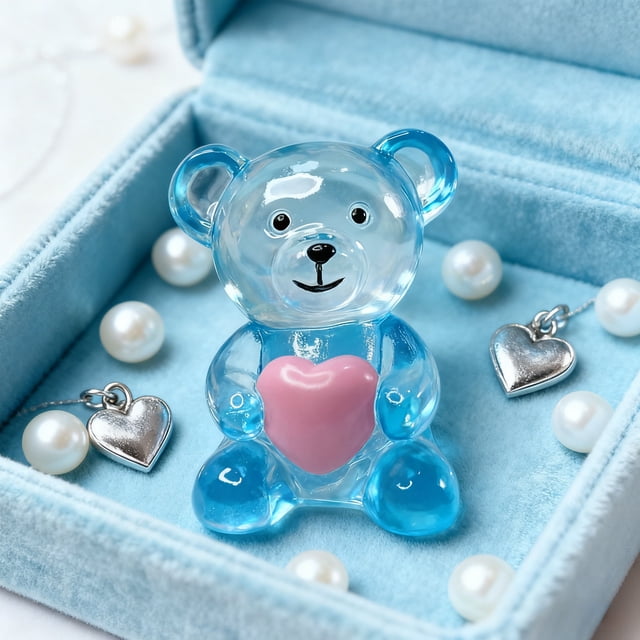 Mini Heart Bear Figurine - Transparent Resin Decoration for Office & Study Display, Blue, JKODE