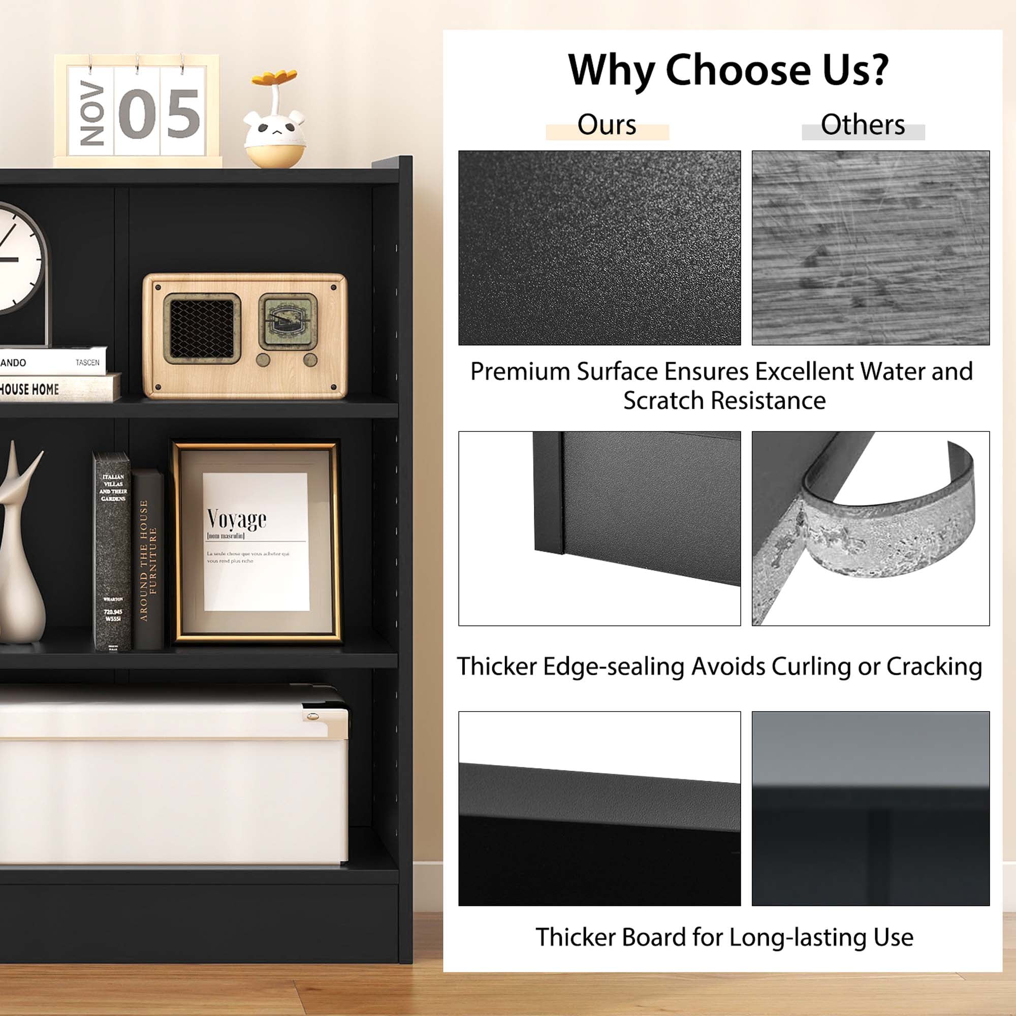 Costway 3-Tier Bookcase Open Multipurpose Display Rack Cabinet with Adjustable Shelves Black