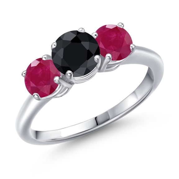 Gem Stone King 925 Sterling Silver Black Sapphire and Red Ruby Engagement Ring for Women | 2.25 Cttw | Round 6MM | Gemstone September Birthstone | Size 6