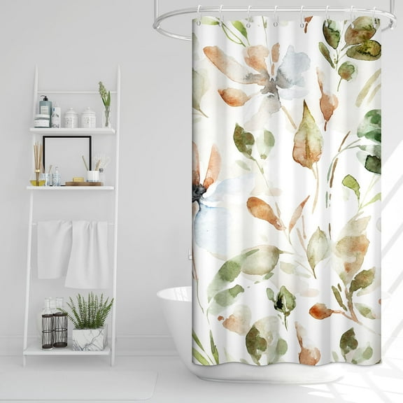 Sage Green Eucalyptus Shower Curtain, Spring Plant Leaves Shower Curtain Waterproof Fabric Watercolor Green and Gold Shower Curtain Set with Hooks, 72x72 Inch