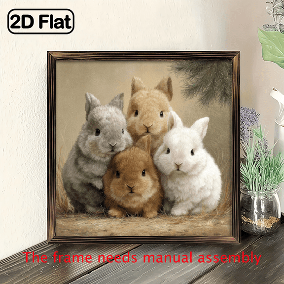 2D Flat - 1pc 2D Flat Rustic Farmhouse Wooden Framed Wall Art Sign Bunnies Painting Wood Easter Bunny Signage, Colorful Decor for Home, Party, Perfect Holiday Gift for Easter or Year, Easy, Perfec