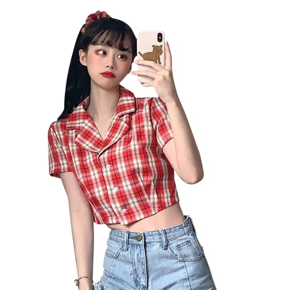 Camisa de mujer Summer Plaid Manga corta Botón Chaqueta Coat para niñas, Rojo Advancent AP001451-01B