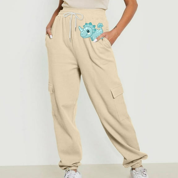 Jjayotai Cargo Joggers for Women, Drawstring Baggy Sweatpants, Casual Workout Running Pants, 2024 Fall Spring Cute Dinosaur Print Sweat Pants Beige L