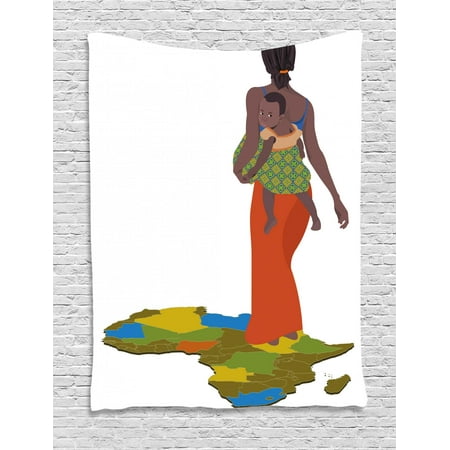 African Woman Tapestry, Mother Carrying Baby Girl on Her Back Africa Country Culture Continent Map, Wall Hanging for Bedroom Living Room Dorm Decor, Multicolor, by