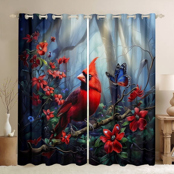 Manfei 3D Red Bird Curtains Pack of 2 (42x84 Each) for Teen, Dreamy Robin Butterfly Curtains Blackout, Jungle Poinsettia Flower Bedroom Curtains, Living Room Curtains Decor