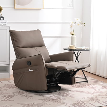 LifeSky PU Rocking Recliner Chair 360° Swivel Nursery Glider for Mom Nursing Baby: 150° Recline Sleeps 2 Hours - Midnight Baby Room - Side Pocket Storage