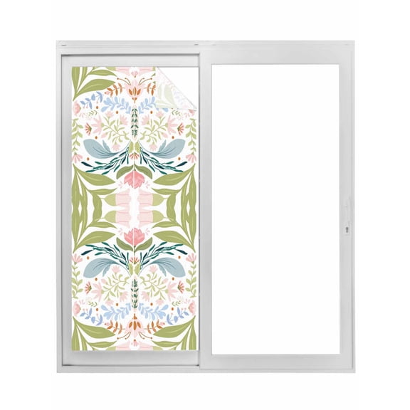 Boho Green Flower Window Privacy Film, Botanical Watercolor Leaf Floral Static Cling UV Sun Blocking Tint Film Heat Control Windows Films for Bedroom Bathroom, Window Stickers 35.4"x78.7"