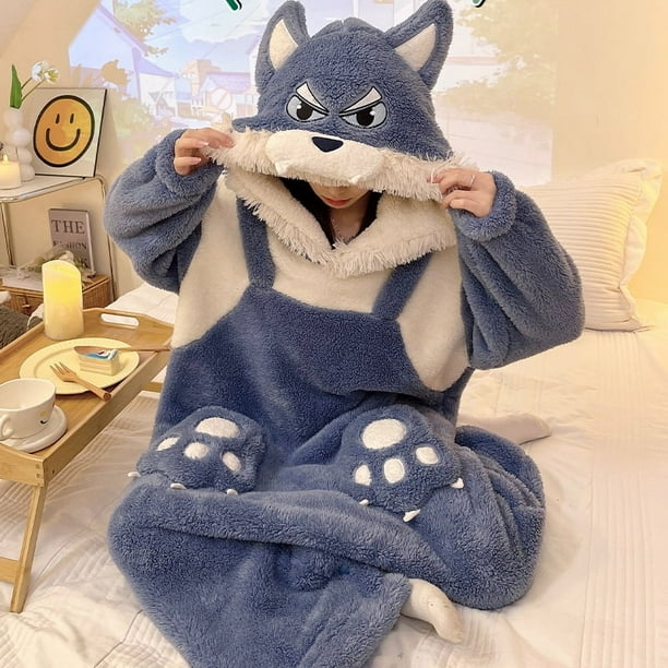 Pijama de una pieza de terciopelo coral con diseño de lobo gris grande para mujer, con capucha gruesa de invierno, lindo, de talla grande, suelto, con dibujos animados, para usar en casa