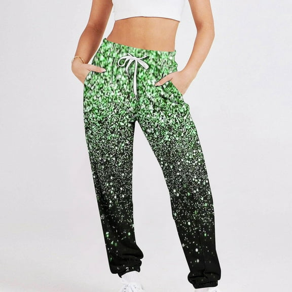 Xixinqiwan Women Baggy Sweatpants Casual Glitter Floral Printed Sweat Pant Elacstic Waist Tapered Women Pants Running Joggers