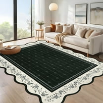 Hasoo Large Washable Rug 10' x 13' Area Rug for Living Room Scalloped Non-Slip Neutral Indoor Decor Floral Printed Carpet, Black