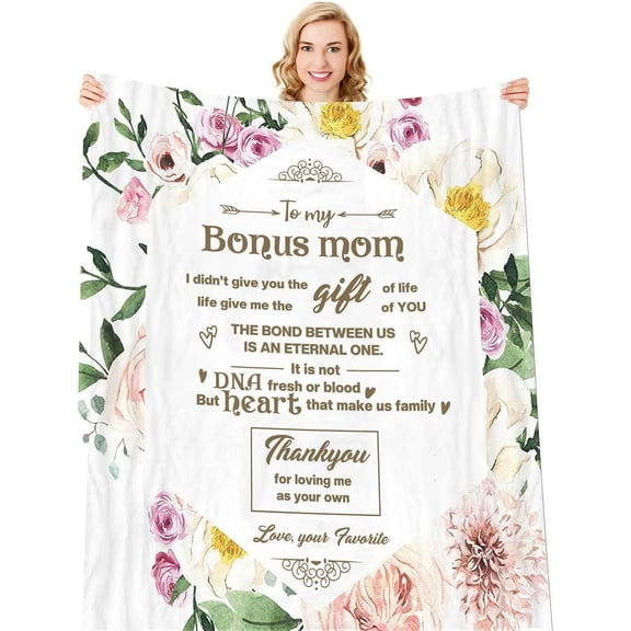 Bonus Mom Blanket Gifts from Daughter Son | Mother in Law Mothers Day Birthday Gifts | Flower Blanket to Bonus Mom Letter | Christmas Bday Presents for Step Mom Throw Blanket 50” X 60"