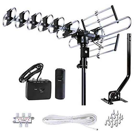 FiveStar Outdoor HD TV Antenna Strongest Up to 200 Miles Long Range with Motorized 360 Degree Rotation UHF VHF FM Radio Infrared Remote Control with Installation Kit and Jpole