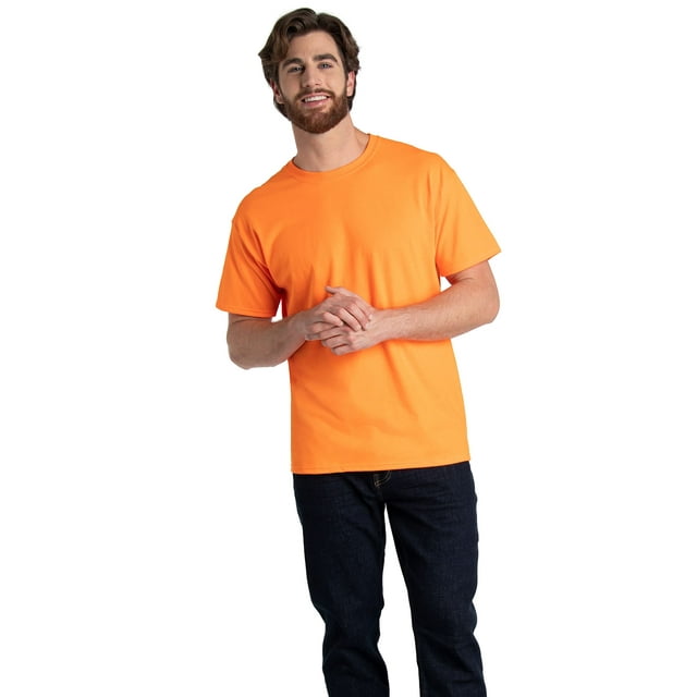 Fruit of the Loom T-Shirts à Manches Courtes en Coton Eversoft pour Hommes (Réguliers et Grands et Forts), Col Ras du Cou-Lot de 2-Orange Sécurité, Grand