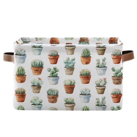 1-Pack Square Closet Organizers with Handles Open Basket Bins Cactus in Pots Pattern Storage Basket for Home Office