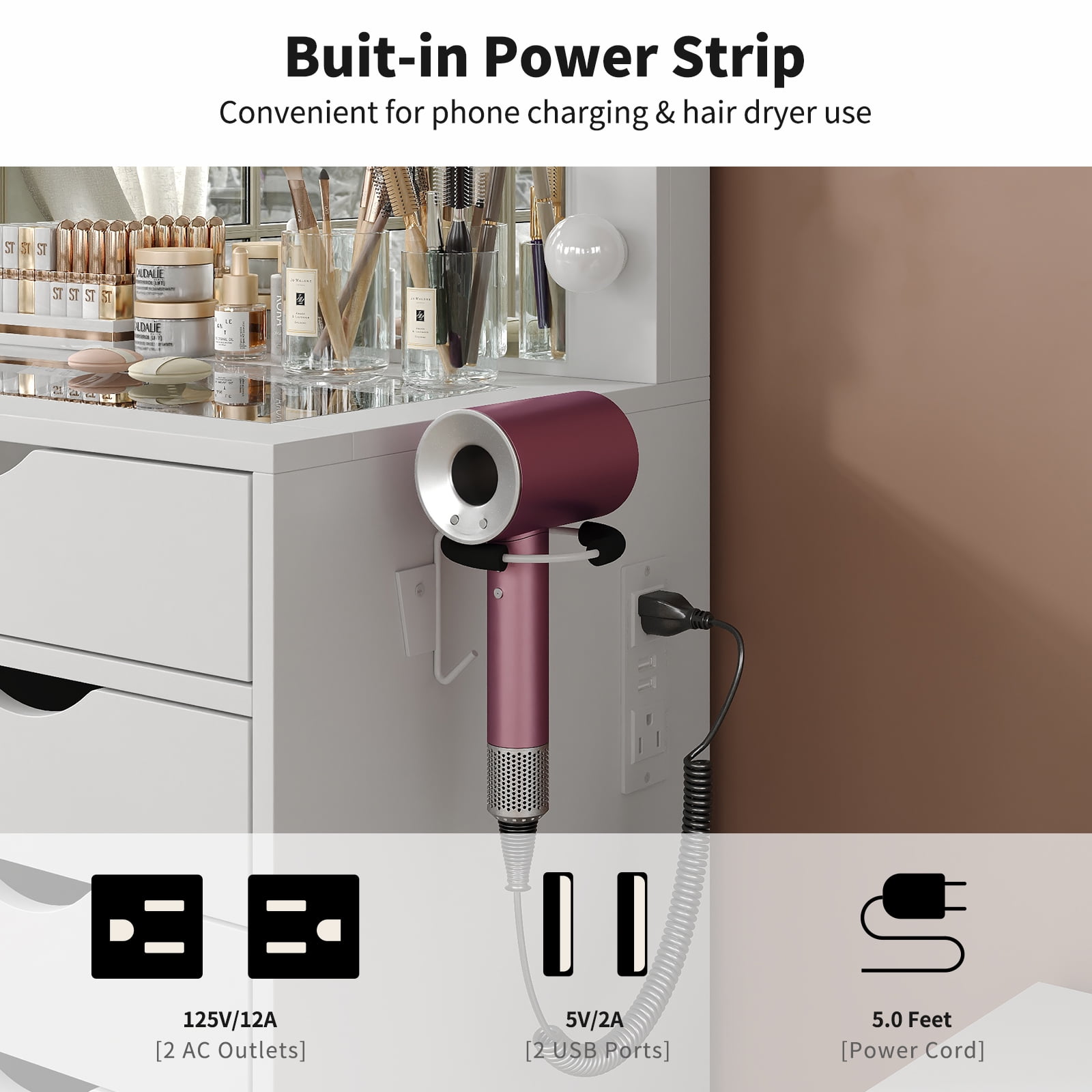 Yanosaku 15 Drawers Vanity Desk with Power Outlet, Makeup Table with Mirror and 13 LED Lights, 3 Color Lighting Modes, Brightness Adjustable, Glass Top Dressing Table, Vanity Set for Bedroom