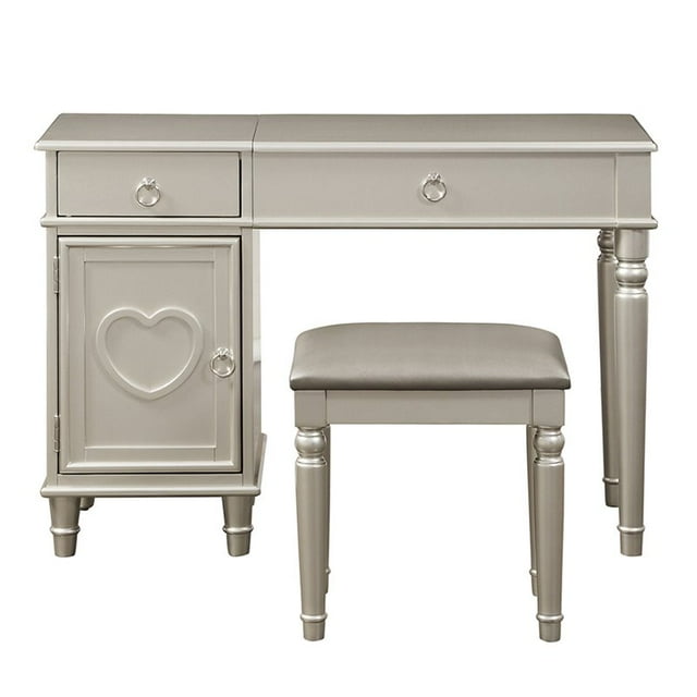 Poundex Furniture Wood Vanity Set with Stool and Mirror in Silver