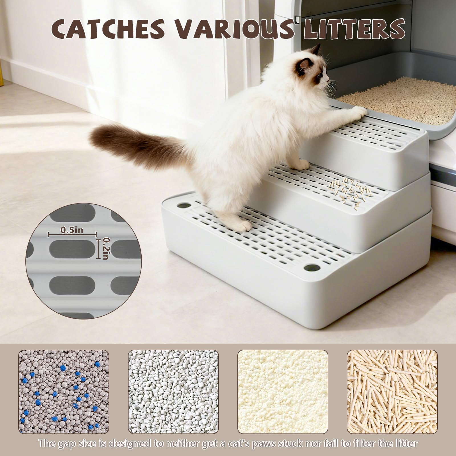 Adjustable 3-Step Cat Ramp for Litter Box, Litter Catcher Tray for Auto Litter Robots, 14"x9"x7"