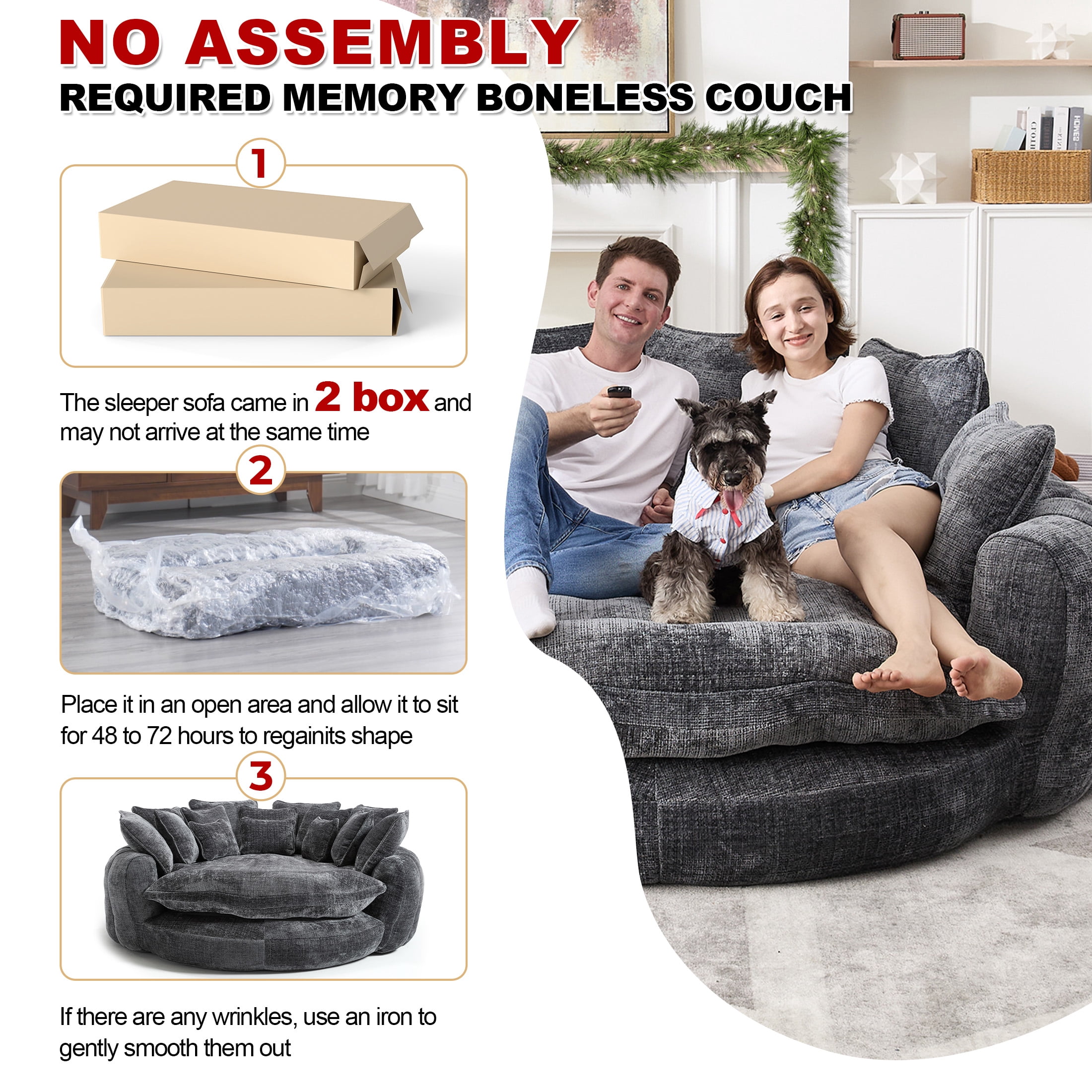 Aukfa 81.1" Oversized Cloud Couch Sleeper Sofa with Round Chaise Lounge, Modern Chenille Upholstered Boneless Sofa with Memory Foam and 14 Pillows, Dark Gray