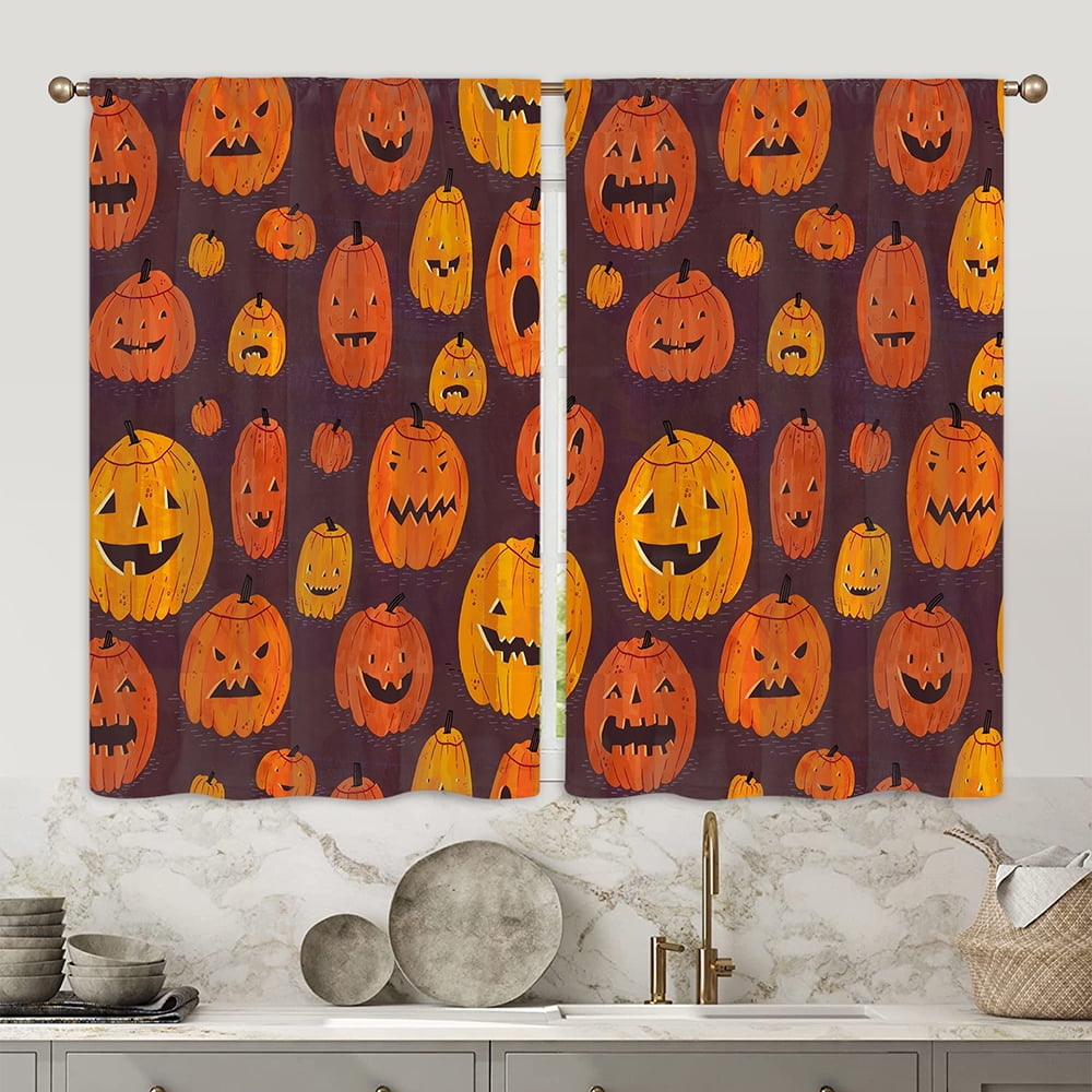 Goory Halloween Pumpkin Kitchen Curtains Rod Pocket Semi Sheer Short ...