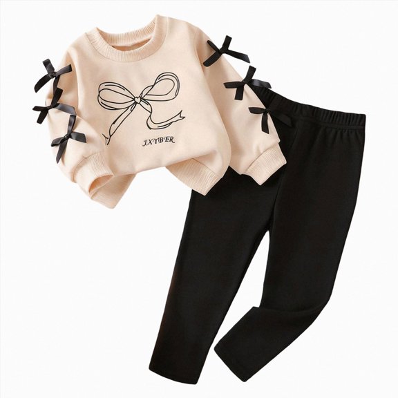 xaweyi Little Girls Bow Graphic Sweatshirt Outfit 2‑Piece Long Sleeve Top & Solid Pants Casual Fall Clothing Set Size 6-9 Months