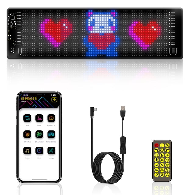 RGB LED Flexible Car Display Screen 20x64 Round Angle (102x348MM) - IP65 Waterproof, APP & Remote Control, Custom Images/Music Rhythm, 1280 Lamp Beads, USB Powered, 4.5m Cable for Rear Window