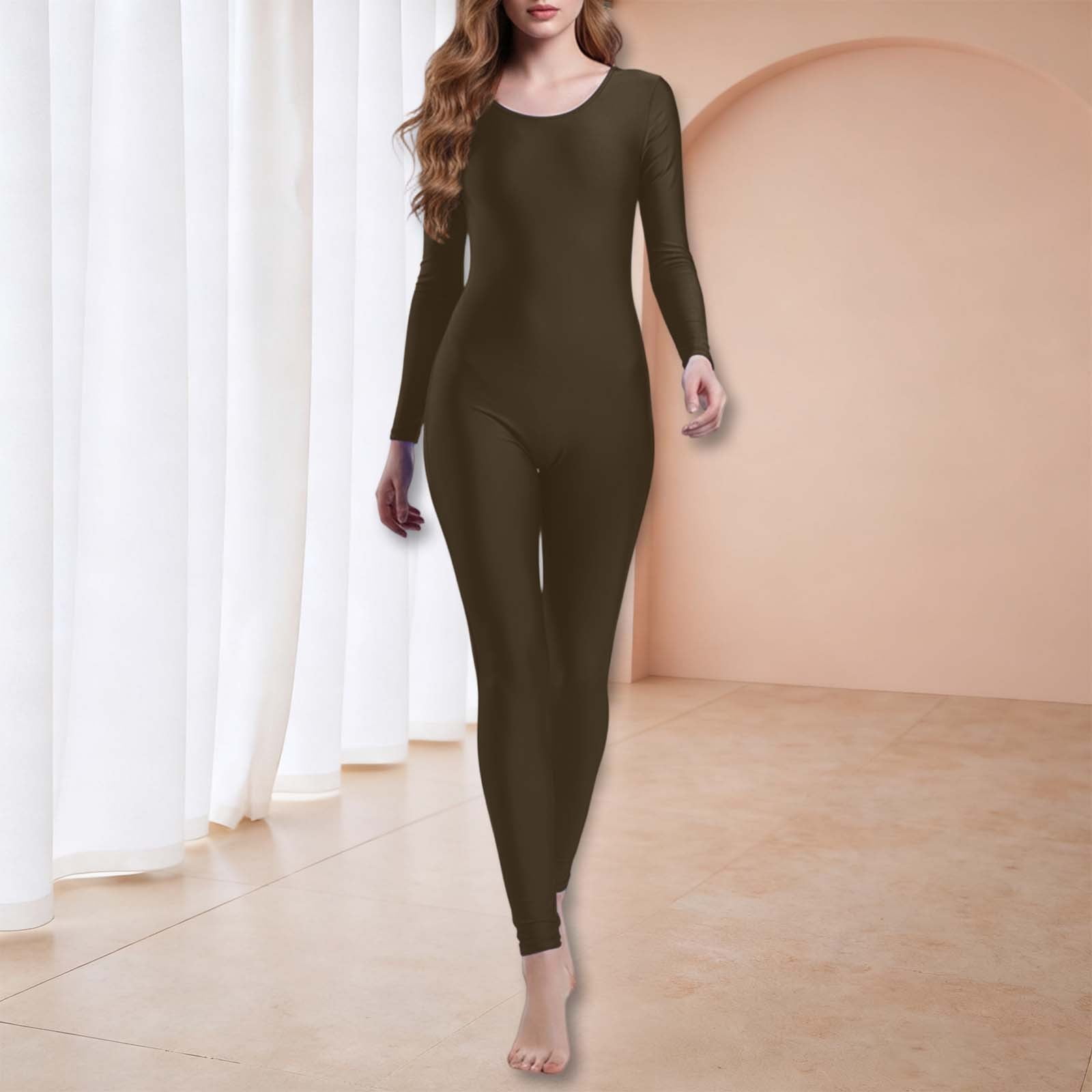 LIUJUNSHOP Jumpsuits for Women Long Sleeve One Piece Jumpsuit for Women Workout Seamless Jumpsuits Exercise Tummy Control Rompers Brown M