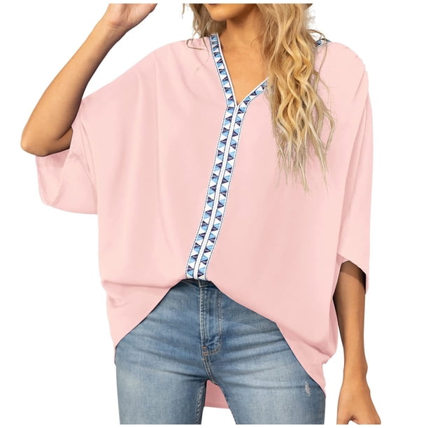 Blusas de gasa con cuello en V para mujer, blusas sueltas informales de verano de manga corta con alas de murciélago Fridja ghk5472