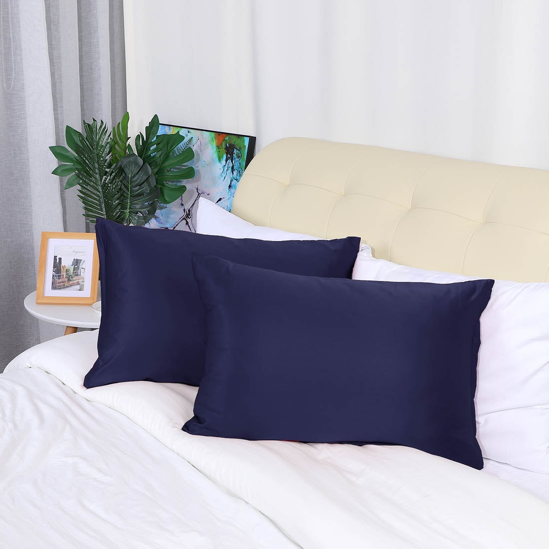 Unique Bargains Pillow Covers Silky Satin Zipper Pillowcases Set of 2 Navy 21" x 31"