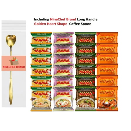 NineChef Brand Spoon Plus Mama Ramen Thai instant Noodle, 4 flavor (Shrimp Tom Yum, Pa Lo Duck, Shrimp Creamy Tom Yum, Pork), each flavor 6 bags Total 24 small bags noodle