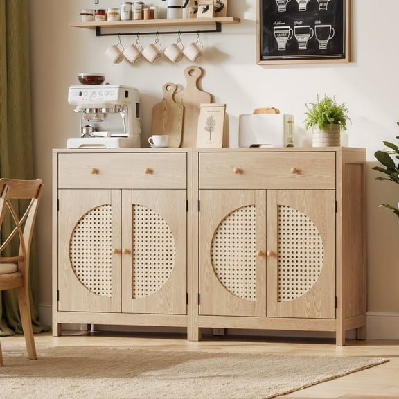 Holliwill Rattan Buffet Cabinet Sideboard Set of 2 with Drawer, Farmhouse Storage Cabinet Coffee Bar for Dining Room Living Room Kitchen Entryway, Natural Oak
