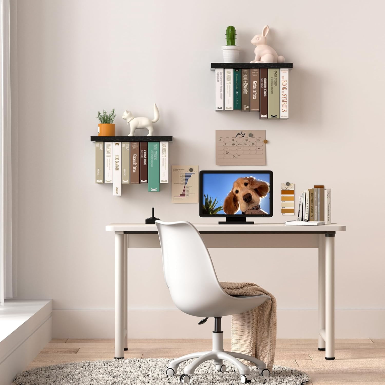 Floating Book Shelves for Wall Mounted Set of 2, Wood Hanging Bookshelf, Book Display Shelf for Wall, Unique Space Saving Book Shelf Wall Book Holder (Black)