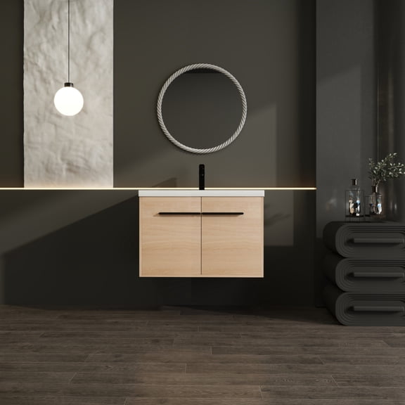 30 Inch Bathroom Vanity with Sink, Floating Wall Mounted Vanity Combo, Oak Brown Bathroom Cabinet with Resin Countertop Sink, 2 Doors Single Sink Vanity Set