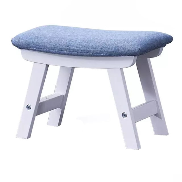 Reposapiés de madera con cojín de esponja, taburete para decoración del hogar, blanco y azul
