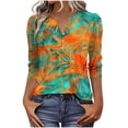 thumbnail image 2 of Pounoo Tropical Print V Neck 3/4 Sleeve Blouses for Women Palm Leaf & Floral Pattern Button Front Puff Sleeves Breathable Vacation Casual Outfits Shirts Gift, 2 of 6