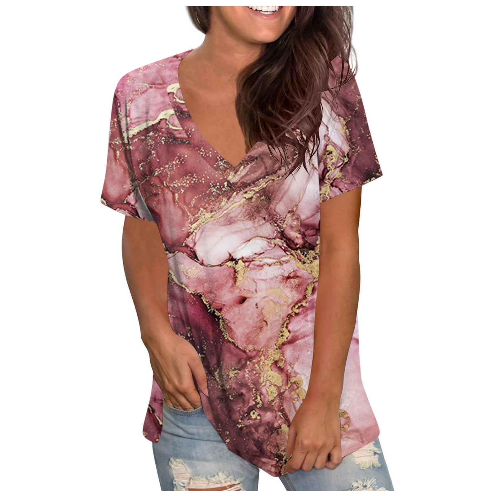 Bigersell Sleep Shirts for Women Summer Casual Round Neck Short Sleeve  Floral Printed Loose Shirt Tops Regular Tunic Scoop Neck Short Sleeve Tunic  Tops Style B40875,XL 