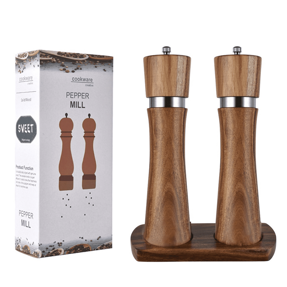 Salt and Pepper Mill Set with Mill Coaster, Adjustable Ceramic Grinder, Salt Mill, Stainless Steel Grinder, Pepper Mill