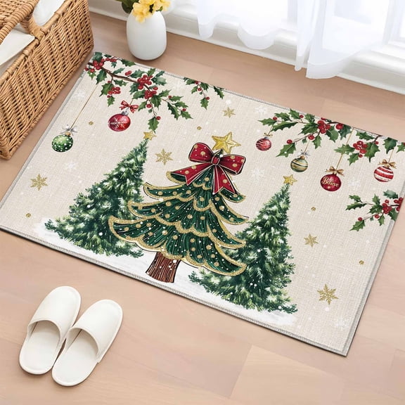 Christmas Tree Entryway Rug 2'x3' Non Slip Front Door Mats, Country Winter Ball Berry Gold Snowflakes Entrance Rugs Indoor Outdoor Carpet, Washable Floor Mats Small Area Rug for Bedroom Kitchen