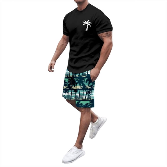 Afdoent Men's 2 Pieces Outfits Men Hawaiian Crew Neck Short Sleeve T Shirt And Printed Shorts Two Piece Set Summer Vacation Outfits For Men