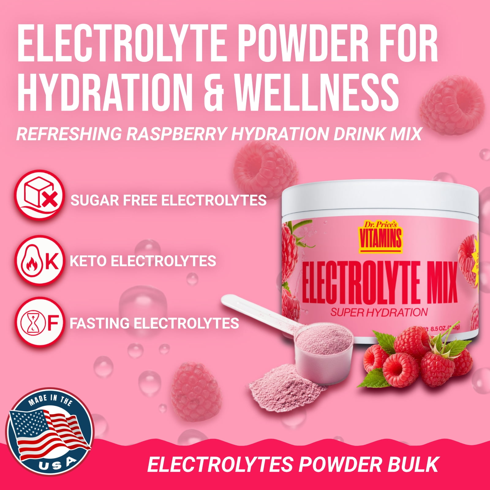 Dr. Price’s Electrolyte Mix – Raspberry Flavor, 90 Servings | Sugar-Free Hydration Powder with Trace Minerals | Gluten-Free, No Sugar