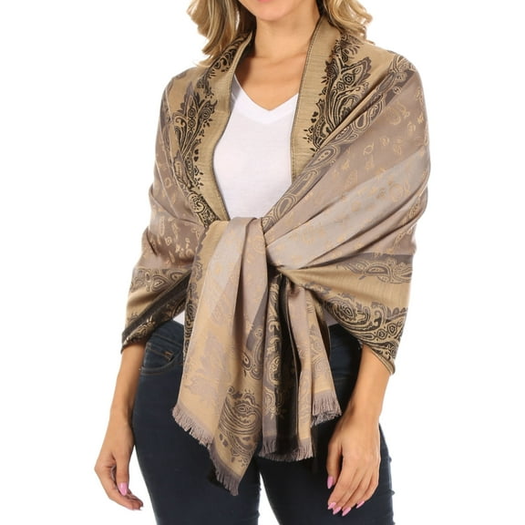 Sakkas Alessa Women's Silky Soft Reversible PaisleyPrint Pashmina Scarf Shawl Wrap - Gold - One Size Regular