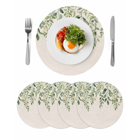 Eucalyptus Leaves Round 13 Inch Placemats Set of 4, Sage Green Spring Botanical Rustic HeatResistant Non Slip Place Mats for Dining Table, Wipeable Braided Kitchen Table Mats for Housewarming