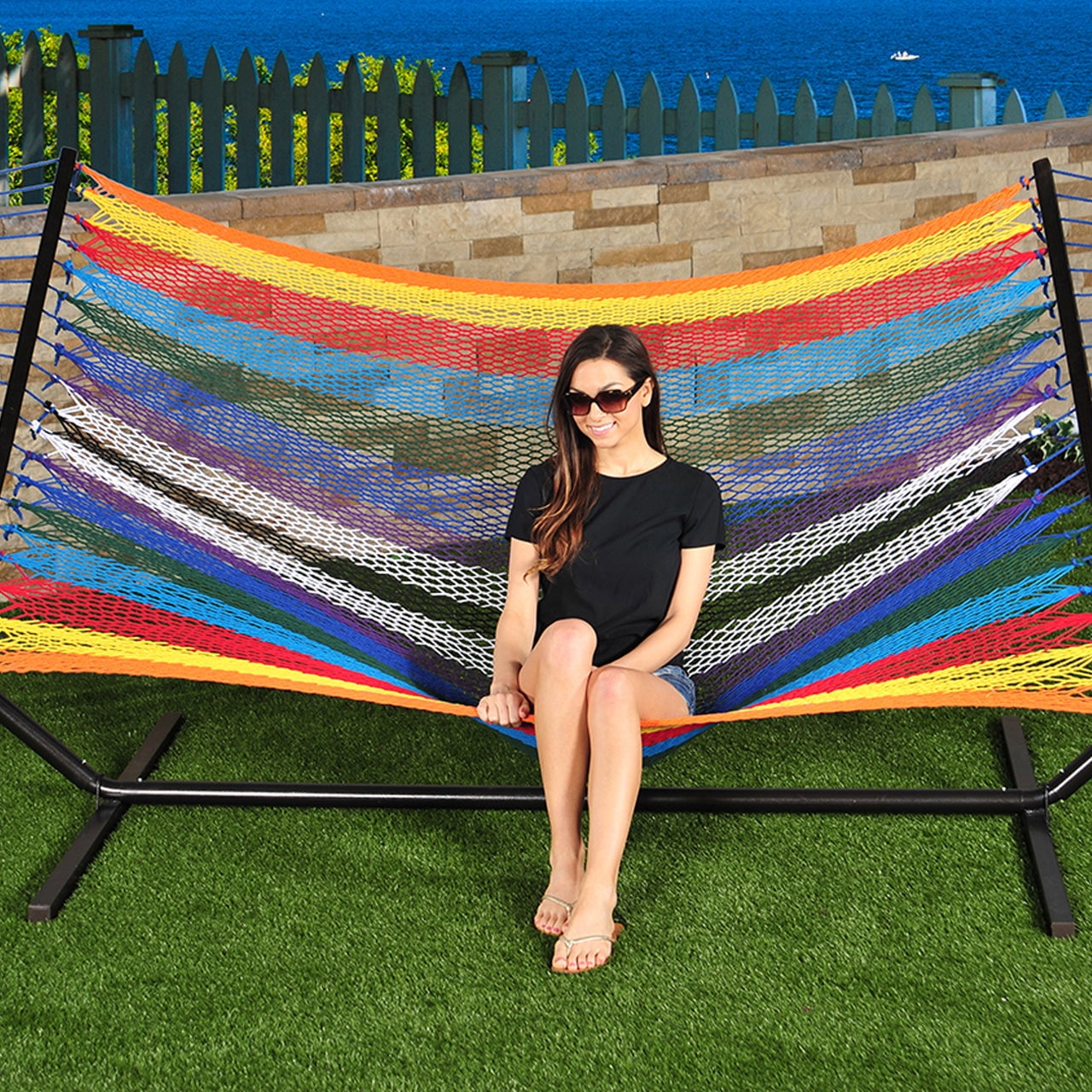 Bliss Hammocks BH-409M Multi-Color Rope Hammock w/ Spreader Bars & Hanging Hardware | 55-in. Wide | 450 Lb. Capacity