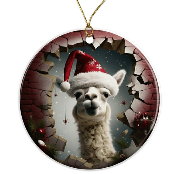Funny Llama Christmas Ornament - Festive Alpaca Holiday Decoration - Unique Cute Animal Ornament with Santa Hat - Perfect Xmas Gift Ceramic Ornament - 3 Inch Christmas Tree Round Ornament ORNW0207