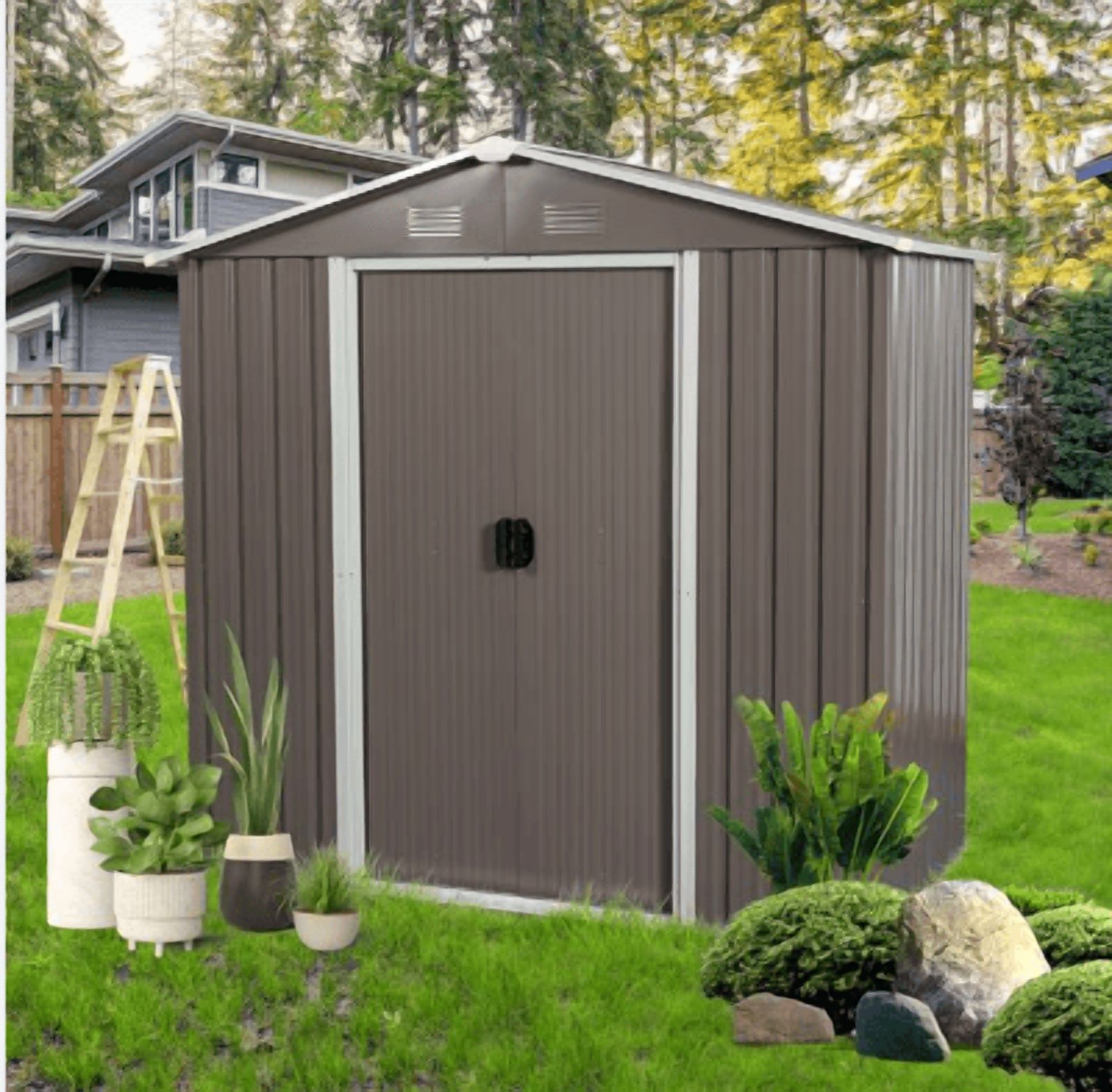 High Quality Metal Outdoor Storage Shed, 8ft x 4ft, Brown