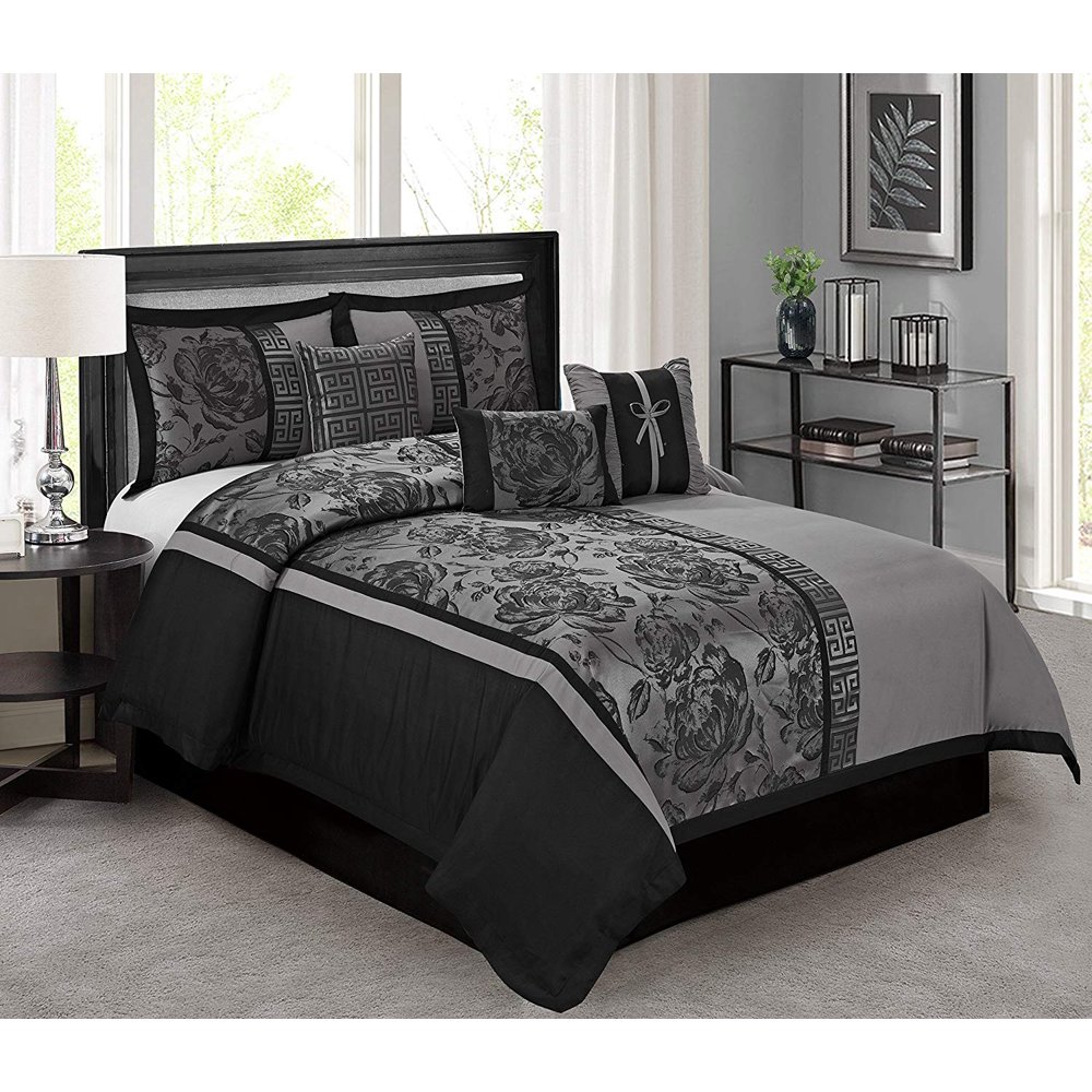 HIG 7 Piece Comforter Set Cal.KingGray Jacquard Fabric PatchworkPEONY Bed In A Bag Cal.King