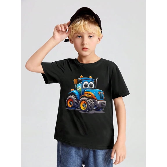 children’s wear Cute Blue Cartoon Tractor Graphic T-Shirt for Boys, Funny Farm Vehicle Cotton Short Sleeve Tee for Kids and Toddlers