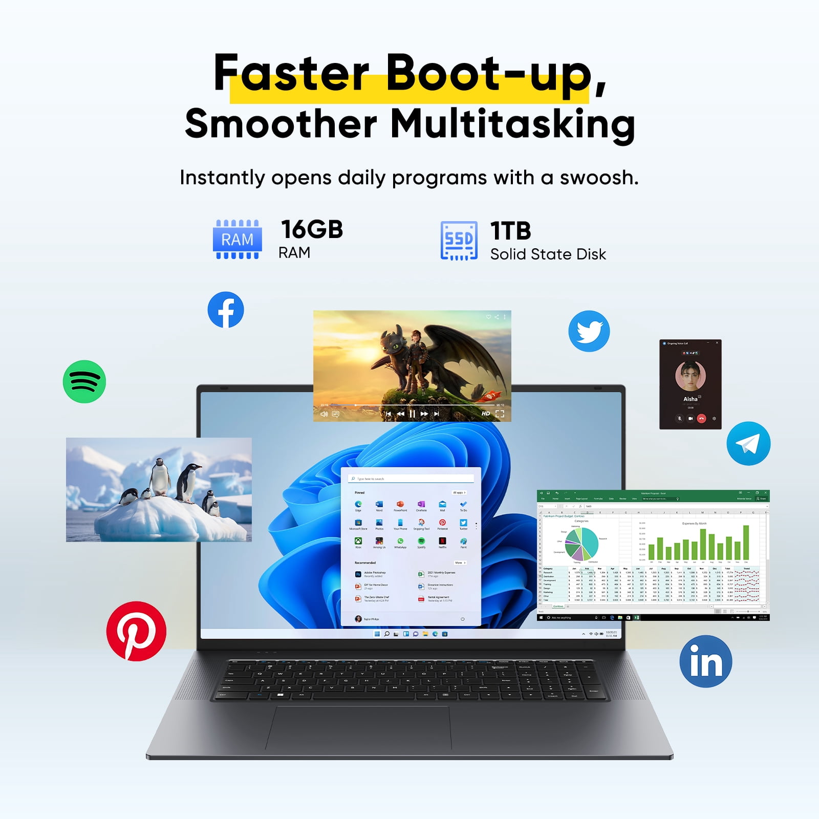 18.5 " Laptop 16GB RAM 1TB SSD,Windows 11 Pro Notebook Computer,MS Office 365,Intel Core i3 Processor (up to 3.4 GHz),QHD Display