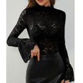 thumbnail image 2 of JGNGSHN Womens Slim Fit Mesh Lace Top Turtleneck Long Bell Sleeve see through Shirt Blouses Top, 2 of 7
