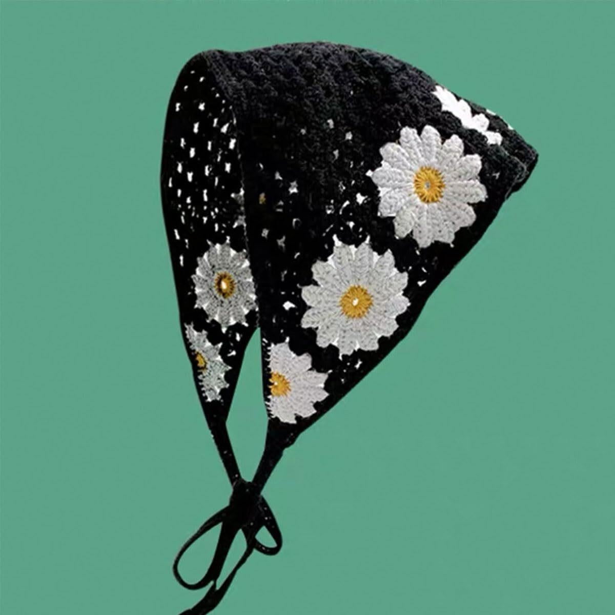 ZKSNART 1 Pack Knitted Hair Tie Headwrap, Floral Crochet Kerchief Scarf ...